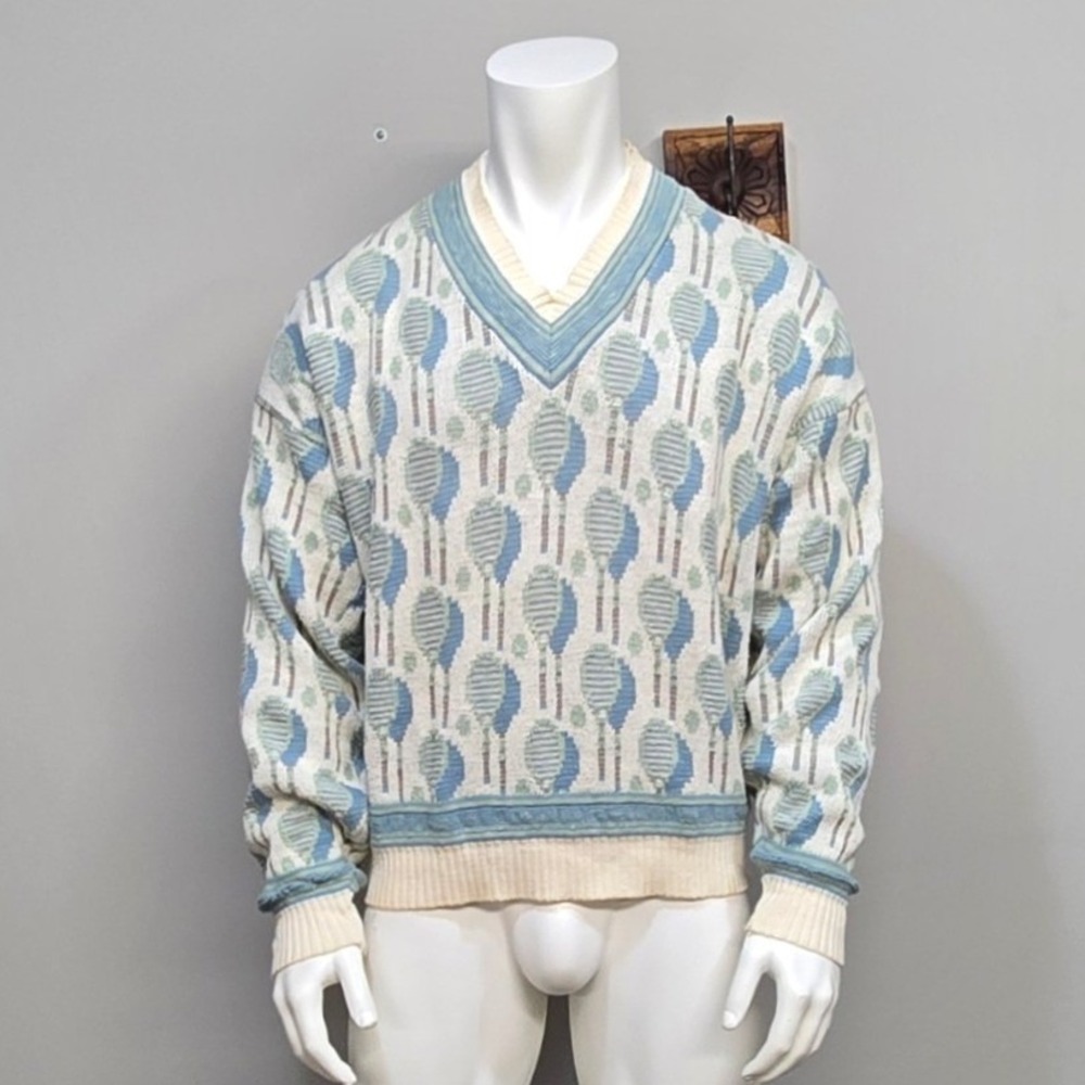 Vintage 90s Crossings Sweater Large White Pastel Cotton Tennis Preppy Grandpa